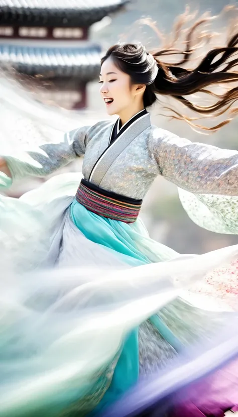 Motion blur, black and white close up, white background, a woman in an intricate and colorful hanbok dress, spinning frantically, translucent stinging air particles on the hem of the dress, professional fashion photography, super macro, unusually rich and ...