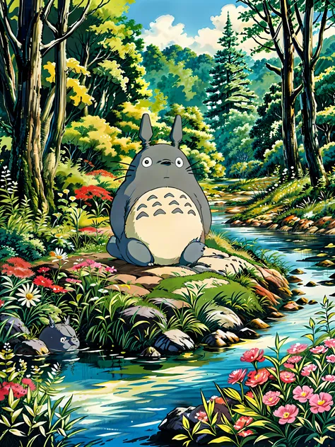 a painting of a totoro sitting near the river, flowers, multicolored flowers, my neighbor totoro, totoro from my neighbor totoro, hayao miyazakis movies, onstudio ghibli, ghibli studio style, of totoro, style of studio ghibli, moody :: studio ghibli, totor...