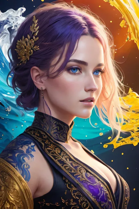 Colorful beautiful girl: a giru 18-years old, messy hair, oil painting, nice perfect face with soft skinice perfect face, blue yellow colors, light purple and violet additions, light red additions, intricate detail, splash screen, 8k resolution, masterpiec...