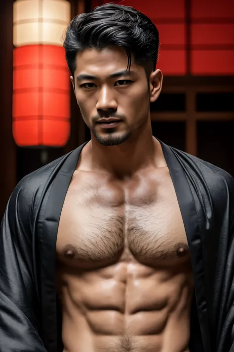 (8K, RAW photo, Highest quality), Realistic, Japanese man, frontage, Intricate details, Closed mouth, Extremely detailed eyes and eyelasheuscular male, Manly,l ooks away, Male focus, Solo, Open the transparent robe，Exposing the pectoral muscles，Exposing ab...