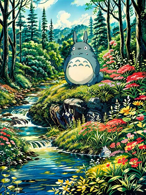 a painting of a totoro sitting near the river, flowers, multicolored flowers, my neighbor totoro, totoro from my neighbor totoro, hayao miyazakis movies, onstudio ghibli, ghibli studio style, of totoro, style of studio ghibli, moody :: studio ghibli, totor...