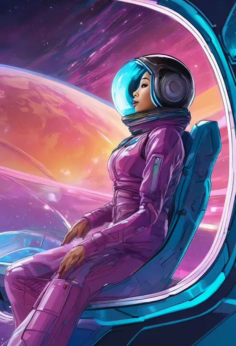 A busty woman, aged 40, from Malaysia, wearing a sexy space suit with a hijab covering her hair, is looking out of a window on her spaceship. The window overlooks a blurred motion of the outside, indicating a high-speed interstellar journey. The womans con...