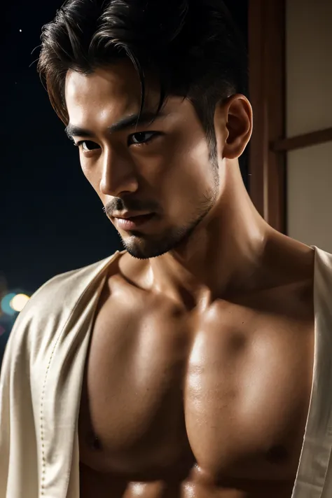 (8K, RAW photo, Highest quality), Realistic, Japanese man, frontage, Intricate details, Closed mouth, Extremely detailed eyes and eyelasheuscular male, Manly,l ooks away, Male focus, Solo, Open the transparent robe，Exposing the pectoral muscles，Exposing ab...