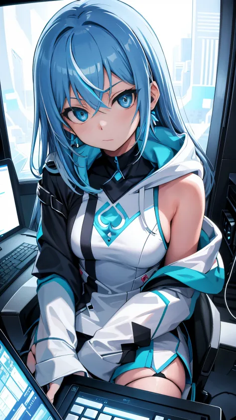 In the tranquil expanse of a white background, a solitary figure named Mika Pikazo is engrossed in her digital world. Her piercing blue eyes are fixated on the screen of her computer, surrounded by the gentle glow of a monitor. Her multicolored hair, remin...