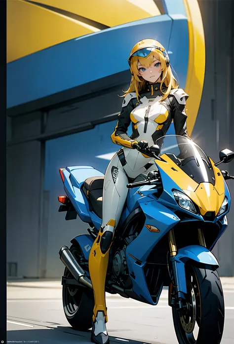 Highest image quality at your disposal, this intricately crafted illustration boasts outstanding details and ultra-high resolution (realism: 1.4). Witness the best illustration come to life as a slender girl, adorned in a blue and yellow mecha suit, proudl...