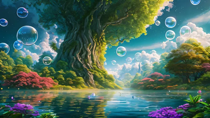 surreal illustrations , otherworldly, super sky scene,Very detailed and magical lighting, refreshing summer,Intricate forest details, Surrounding plants and rivers, warm sunshine ,sight, huge green trees, beautiful lighting, very many soap bubbles,perfect ...