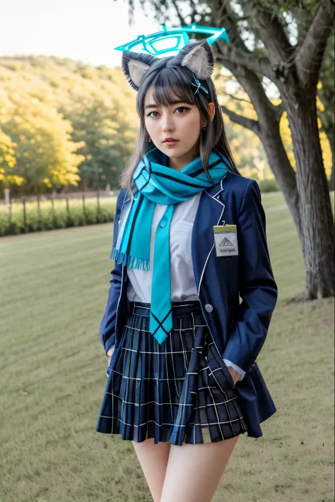 Realistic, 1girl, shiroko (blue archive), animal ears, masterpiece, hd, 17 y.o, Korean girl, cosplayer, solo, scarf, skirt, halo, grey hair, blue eyes, , hair ornament, gloves, looking at viewer, jacket, bag, necktie, blue scarf, animal ear fluff, outdoors...