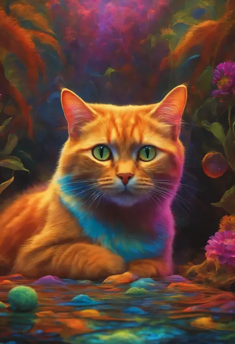 A completely shocked cat searches for prehistoric quantum dots in a psychedelic artist&#39;s painting