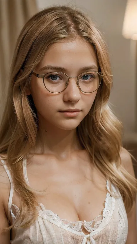 (best quality,ultra-detailed,realistic:1.37),portraits,blonde hair, fair skin, round glasses with transparent lenses, beautiful detailed face, 12-year-old girl, vivid colors, soft lighting