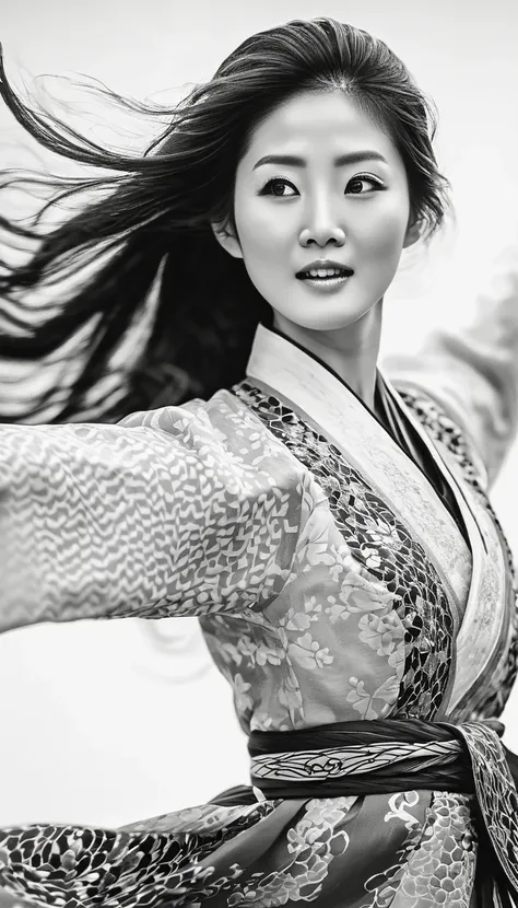 in style of Street photography, beautiful detailed，Motion blur, black and white close up, white background, a woman in an intricate and colorful hanbok dress, spinning frantically, translucent stinging air particles on the hem of the dress, professional fa...