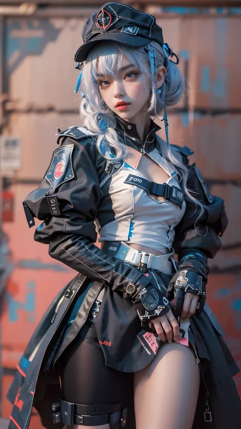 offcial art, Unity 8k wallpaper, Ultra detailed, Beautiful and aesthetic, Beautiful, Masterpiece, Best quality, 8K, Skin texture:1.4, tmasterpiece:1.4,Pose behind beauty，(Cyberpunk style Lolita costume in random colors)，(Focus on the knee)，The face is clea...