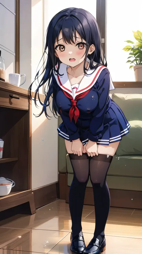 2 girls, by 2 person, Girl&#39;s brown eyes, black hair, medium long hair, Inward roll、(Navy blue sailor suit:1.4),indoors, Cafe、very big breasts、publish one&#39;chest of、Naked things&#39;chest of、blush、embarrassing、scary face、I&#39;m worried、confused face...