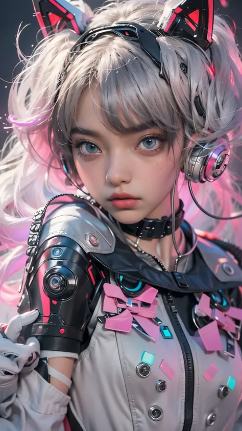 offcial art, Unity 8k wallpaper, Ultra detailed, Beautiful and aesthetic, Beautiful, Masterpiece, Best quality, 8K, Skin texture:1.4, tmasterpiece:1.4,Pose behind beauty，(Cyberpunk style Lolita costume in random colors)，(Focus on the knee)，The face is clea...