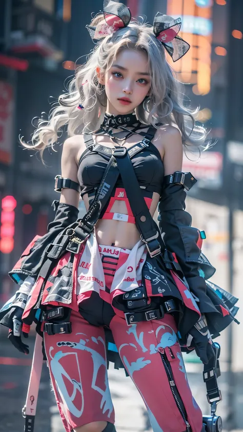 offcial art, Unity 8k wallpaper, Ultra detailed, Beautiful and aesthetic, Beautiful, Masterpiece, Best quality, 8K, Skin texture:1.4, tmasterpiece:1.4,Pose behind beauty，(Cyberpunk style Lolita costume in random colors)，(Focus on the knee)，The face is clea...