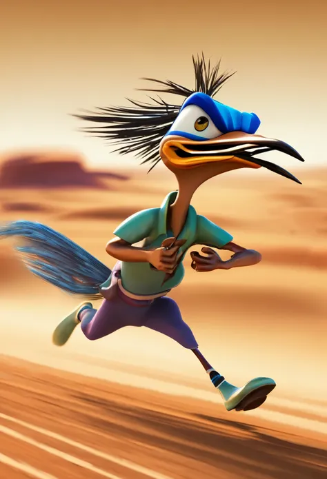 A cartoonish road runner zips through view so fast there is motion blur, set in the desert