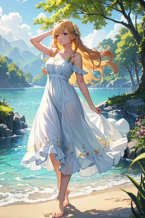 Beautiful young woman in a summer scene, with a sun-kissed complexion and Long golden curls framing her delicate face, Wearing a floral sundress, extra-soft fabric,Flowers in her hair, Barefoot, playing with a frisbee, In the background, lush greenery, Vib...