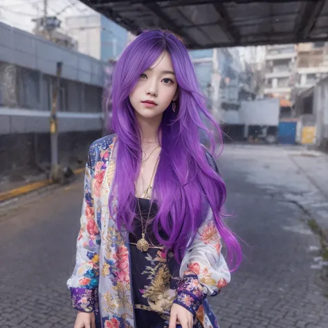 32K（tmasterpiece，k hd，hyper HD，32K）Long flowing bright purple hair，Autumn Pond，zydink， a color，  Asian people （Silly girl）， （Silk scarf）， Combat posture， looking at the ground， long whitr hair， Floating bright purple， Fire cloud pattern gold skull headdres...