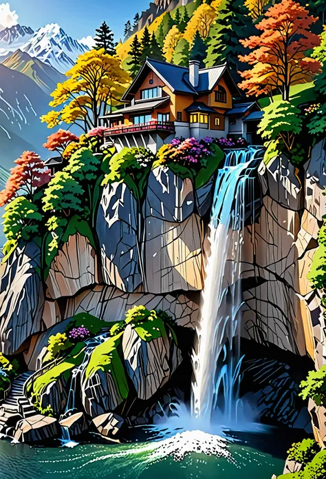 A breathtaking picture of a waterfall cascading down a mountain range.、A quaint house built on a vertical cliff、A big inspiration for vertical wallpapers。This 4K and 8K masterpiece、The crystal clear water of the waterfall flows gracefully down the mountain...