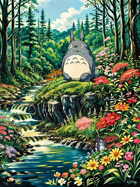 a painting of a totoro sitting near the river, flowers, multicolored flowers, my neighbor totoro, totoro from my neighbor totoro...