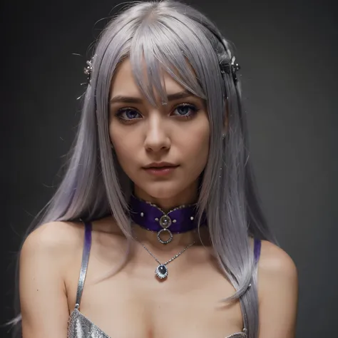 Beautiful silver hair woman with jewel like purple eyes cosplaying as Vilma