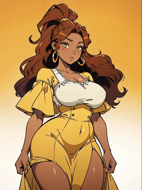 ((masterpiece,best quality)), Brown skin, yellow eyes, long red hair, big breasts, big hips, hair between eyes, hair flares out, 1girl, solo, brown-skinned female, red-haired female, front view, plump thighs, ponytail, reddish-brown skin tone, dress