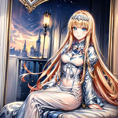 (A beautiful anime girl, sitting gracefully. radiating elegance and charm. Her smile brightens up the room, complementing her fair and flawless complexion.),  1girl,solo, Calca, Calca Bessarez, blonde hair, extremely long hair, very long hair, white tiara,...