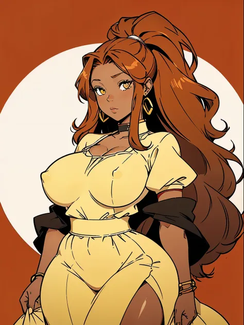 ((masterpiece,best quality)), Brown skin, yellow eyes, long red hair, big breasts, big hips, hair between eyes, hair flares out, 1girl, solo, brown-skinned female, red-haired female, front view, plump thighs, ponytail, reddish-brown skin tone, dress