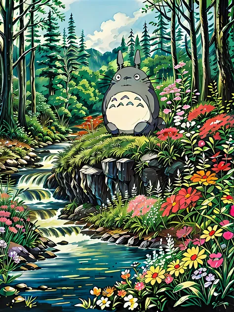 a painting of a totoro sitting near the river, flowers, multicolored flowers, my neighbor totoro, totoro from my neighbor totoro...