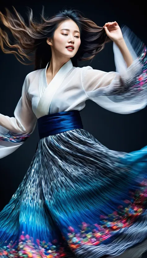 in style of Street photography, beautiful detailed，Motion blur, black and white close up, white background, a woman in an intricate and colorful hanbok dress, spinning frantically, translucent stinging air particles on the hem of the dress, professional fa...