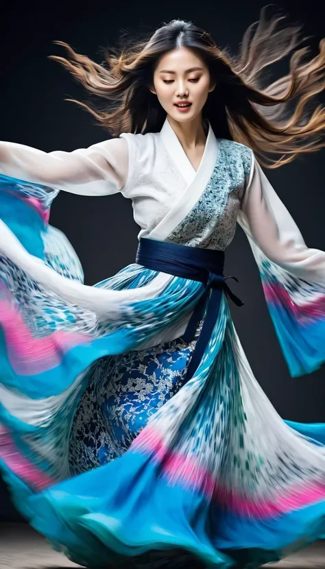 in style of Street photography, beautiful detailed,Motion blur, black and white close up, white background, a woman in an intricate and colorful hanbok dress, spinning frantically, translucent stinging air particles on the hem of the dress, professional fa...