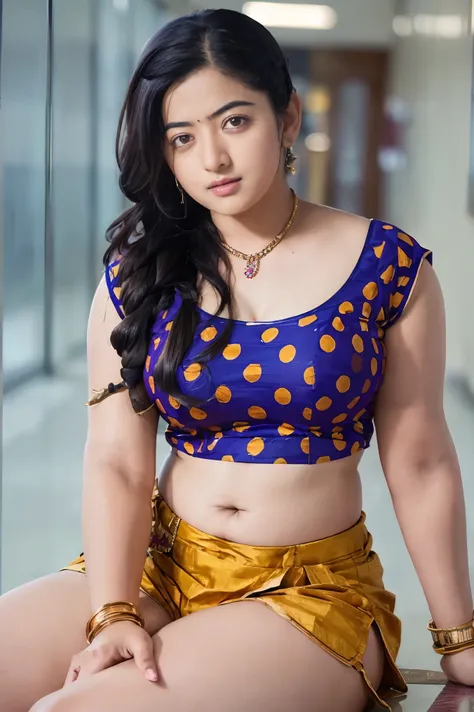 HD wallpaper 32k cinematic shoot of a Beautiful cute Rashmika Mandanna, with thick thighs and a curvy waist, twin braids,  wearing an Indian blouse top, horny, seductively, in a school corridor, dotted blouse top, micro denim shorts, sitting, legs crossed,...