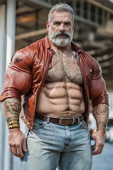 age 60, white man police detective with a mature, kind demeanor, strong and muscular yet chubby build, mustache, wearing tight thorn jeans and no shirt, wearing leather west, hairy chest and a noticeable bulge, giving off a hint of a horny yet disgusting a...