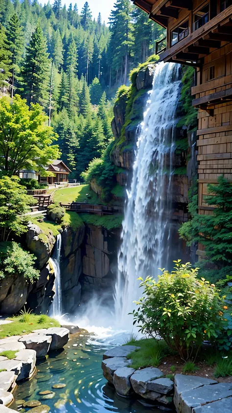 beautiful images，a breathtaking picture of a waterfall cascading down a mountain range.、a quaint house built on a vertical cliff...