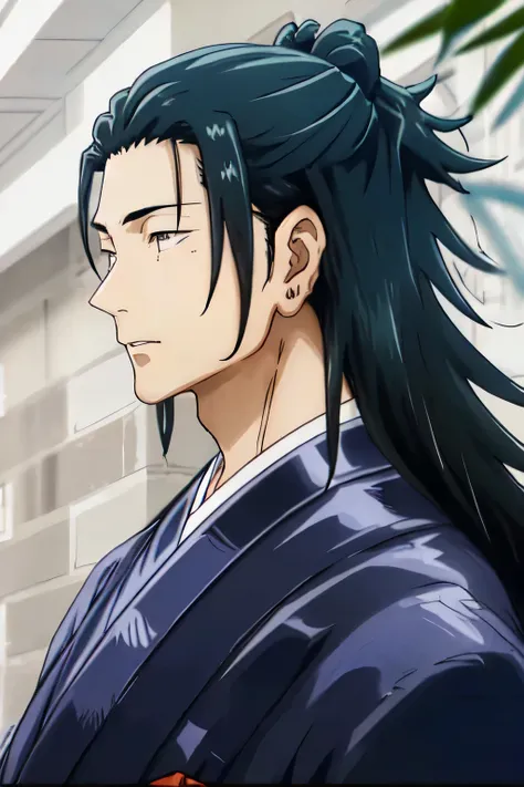 one japanese man. black hair. brown eyes. narrow eyes. narrow, pointed nose. suguru geto. masterpiece. best quality. half body. ...