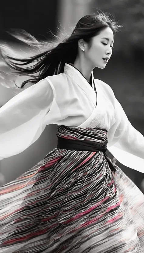 in style of Street photography, beautiful detailed，Motion blur, black and white close up, white background, a woman in an intricate and colorful hanbok dress, spinning frantically, translucent stinging air particles on the hem of the dress, professional fa...