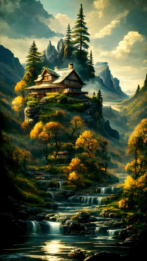 Painting of a breathtaking waterfall cascading down in a mountainous region, with a quaint house perched atop a vertical cliff, heavily inspiring a vertical wallpaper. This 4k and 8k masterpiece showcases the intricate details of the scenic background, as ...