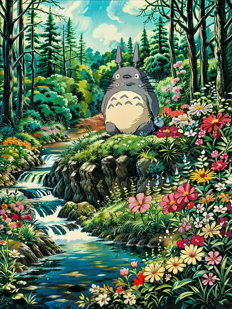 a painting of a totoro sitting near the river, flowers, multicolored flowers, my neighbor totoro, totoro from my neighbor totoro...