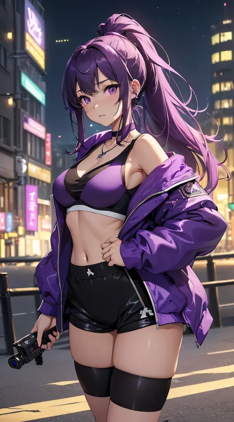 top-quality、Top image quality、​masterpiece、girl with((18year old、Best Bust、big bast,Beautiful purple eyes、Breasts wide open, Purple ponytail、A slender、Large valleys、Purple Sports Bra、Black jacket,Purple shorts,Red high heels、Reflecting the whole body、Purpl...