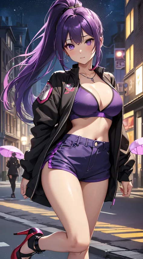 top-quality、Top image quality、​masterpiece、girl with((18year old、Best Bust、big bast,Beautiful purple eyes、Breasts wide open, Purple ponytail、A slender、Large valleys、Purple Sports Bra、Black jacket,Purple shorts,Red high heels、Reflecting the whole body、Purpl...