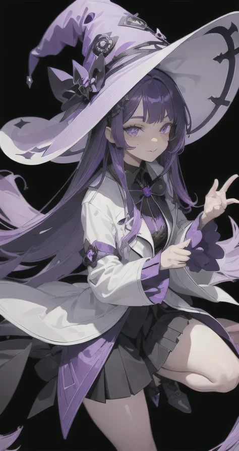 a witch with long purple hair and a cute face, wearing a witch hat, beautiful purple eyes, wearing a sexy white jacket, short bangs, wearing a thigh-length skirt