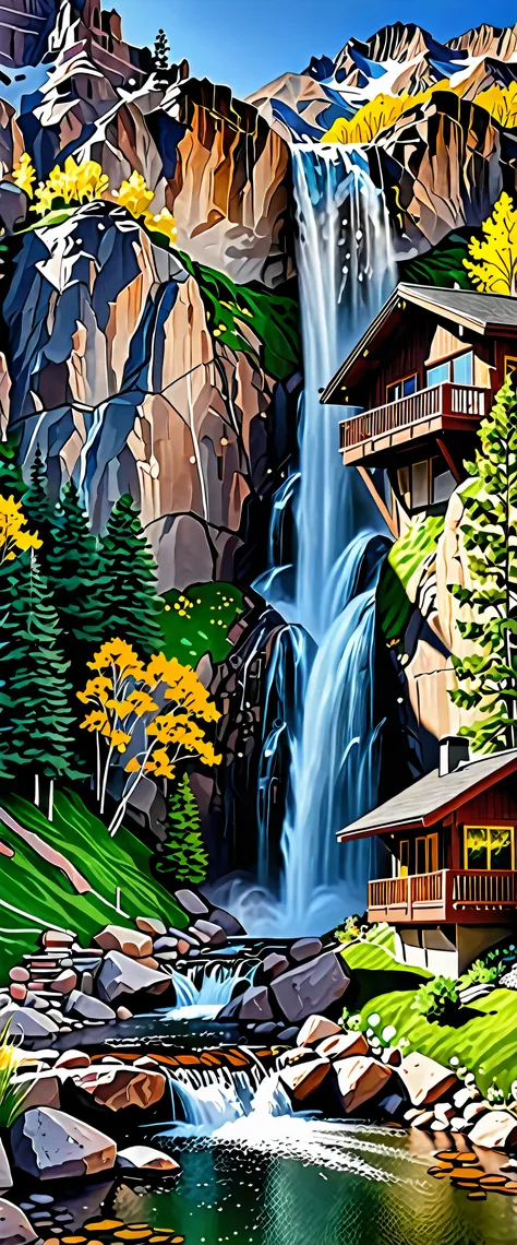 beautiful images，a breathtaking picture of a waterfall cascading down a mountain range.、a quaint house built on a vertical cliff...