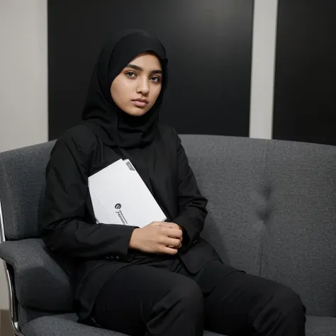 A muslim girl wearing black suit sitting on chair with attitude