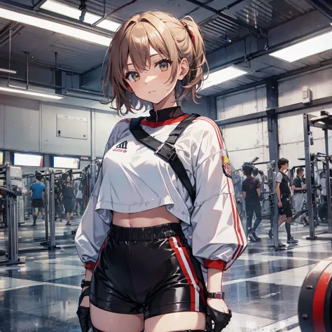 masterpiece, 4K, highest quality, superior_Mikoto　From the ribbon, Play sports often, Latex shorts, Are standing, Arms crossed,、Cool look　beautiful gym, Brown eyes, short_hair, small_chest, Looking at the audience