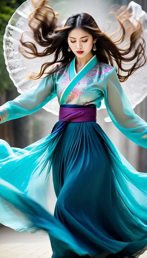 in style of Street photography, beautiful detailed，Abnormally stunning beautiful face，(((Motion blur))), black and white close up, white background, a woman in an intricate and colorful hanbok dress, spinning frantically, translucent stinging air particles...