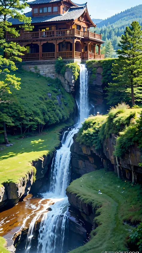 Beautiful images，A breathtaking picture of a waterfall cascading down a mountain range.、A quaint house built on a vertical cliff、A big inspiration for vertical wallpapers。This 4K and 8K masterpiece、The crystal clear water of the waterfall flows gracefully ...