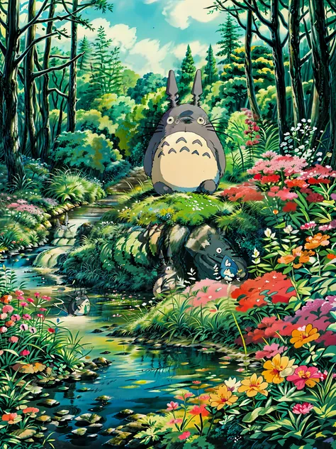 a painting of a totoro sitting near the river, flowers, multicolored flowers, my neighbor totoro, totoro from my neighbor totoro...