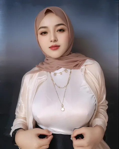 RAW photo of a 24 year old girl wearing hijab, satin abaya sexy sea foam   , satin, hijab face portrait,((tp background)), 8k uhd, dslr, soft lighting, high quality, film grain, Fujifilm XT3, covered dress, patterned dress, gigantic breasts:1.5