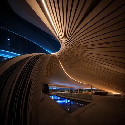 Architectural photography, urban sculpture, paraboloid, hollowed out, night, dark background, lighting, lights, deep blue, Canon camera, raw, 8k, National Geographic magazine