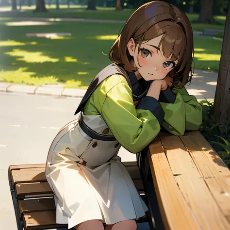 Clear lighting, 13 year old girl sitting on a bench in a park, light brown hair, ojos verdes, mirada tierna, con uniforme de colegio, 