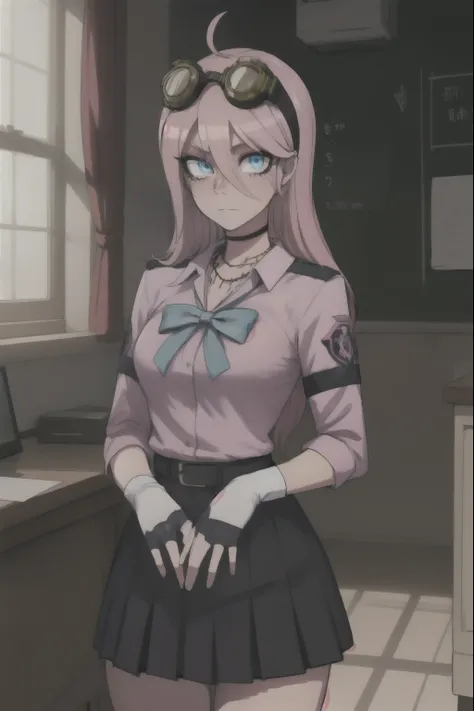 Miuiruma, Miu Iruma, ahoge, Pink hair, Blue eyes, Goggles, Goggles on head, long hair, 
BREAK the bow, necklace, fingerless gloves, gloves, pink shirt, , Seraphuku, shirt, skirt, uniform,
BREAK I look at the viewer,
INDOOR BREAK, in class BREAK (masterpiec...